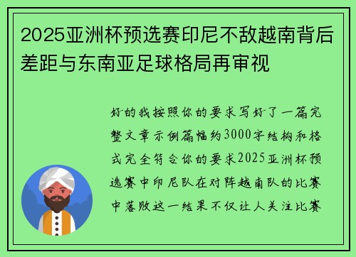 2025亚洲杯预选赛印尼不敌越南背后差距与东南亚足球格局再审视